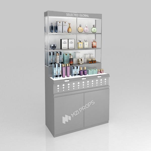 Retail Store Shelf  Grey Wooden Display Cabinet With Led Lights For Customized Store Design And Branding Store Cabinet