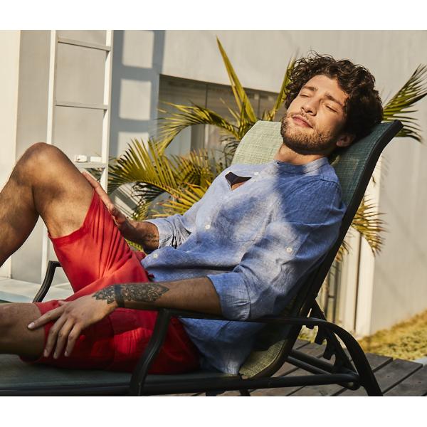 Multicolored Woven Custom Mens Casual Linen Shirts Banded Collar Standard Fit