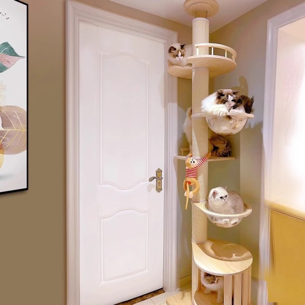 Floor-to-Ceiling Modern Luxury Sisal Wood Adjustable Durable Cat Climbing Frame Jumping Platform Cat Tree Condo Furniture Carton