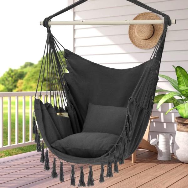 Hammock Chair Hanging Rope Swing - Max 500 Lbs - 2 Cushions Included - Steel Spreader Bar with Anti-Slip Rings
