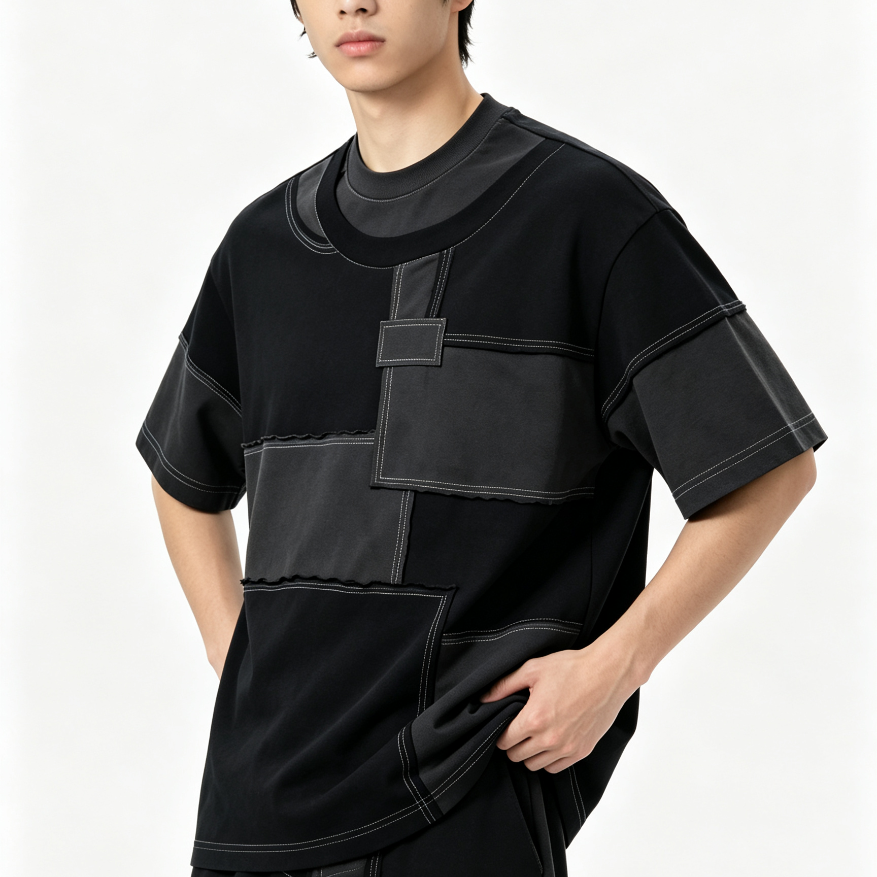 250GSM - 300GSM Basic Crew Neck Tee Patchwork Raw Edge T Shirt Drop Shoulder