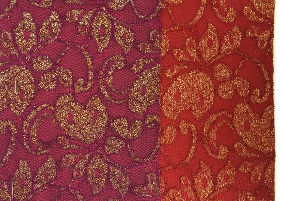 Red Golden Embroidery Sequin Lingerie Lace Fabric For Wedding Dress , Decoration Lace Fabric