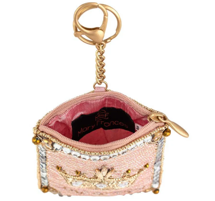 Let's Play Coin Purse Soft pink beaded coin bag with glittering gold crown zipper closure easy open trigger hook key ring and credit card fitting compact design