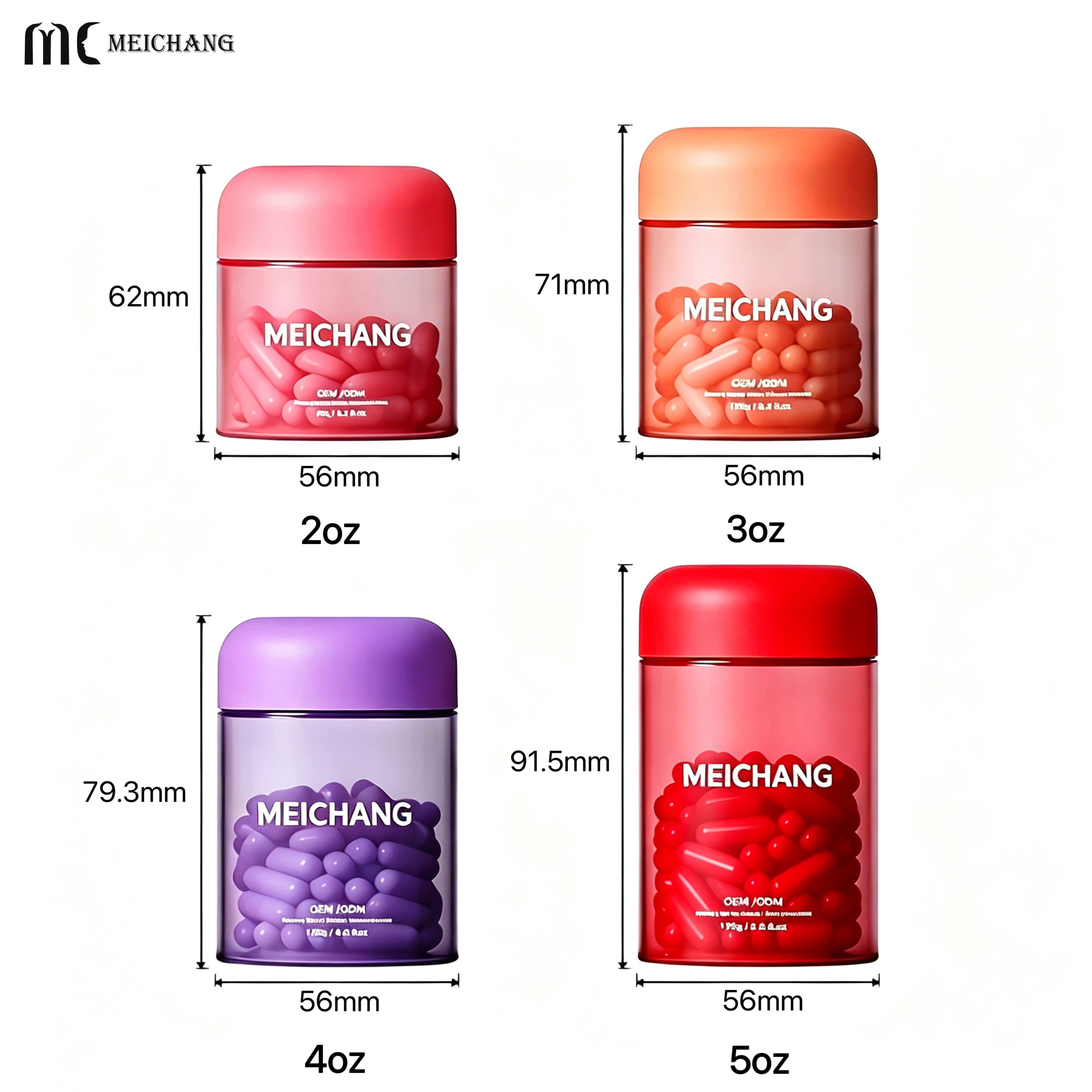 2oz 3oz 4oz 5oz Custom Color Translucent PET Supplement Bottle with Screw Cap, Refillable Capsule & Vitamin Container(MC-P-561)