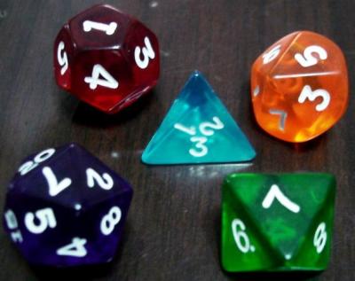 Dice of acrylic or urea along with ABS or Zinc-alloy dice