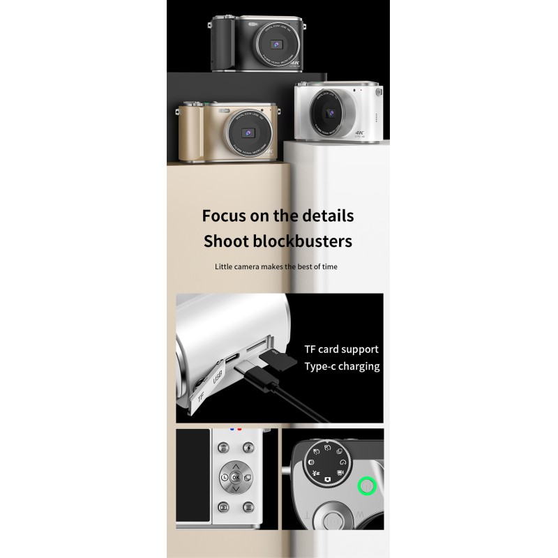 4K Vintage Digital Camera 64MP with Autofocus 16x Digital Zoom 3.0 Inch IPS Screen 1200mAh Battery for Vlog  As Christmas Gift