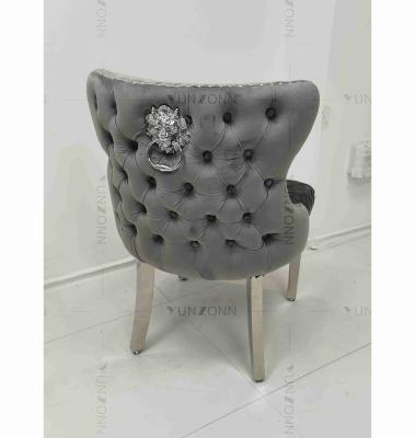 Gray Power Lion Buttoned Back Dining Chair Padded Dining Room Chairs Silver Stainless Steel Legs