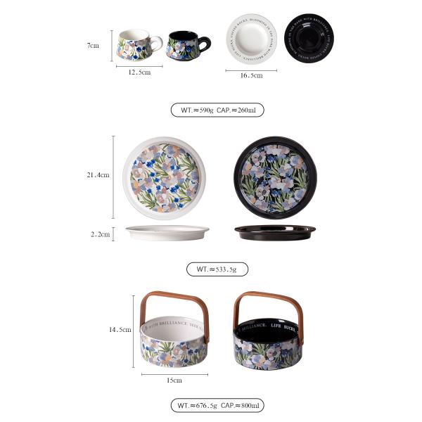 Черные керамические чашки для кофе с тарелкой и десертом