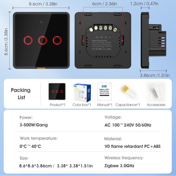 Tuya Zigbee Smart Light Switch – No Neutral Wire, No Capacitor Needed, 100-250V, Voice & App Control, Alexa & Google Home Compatible, EU Touch Switch