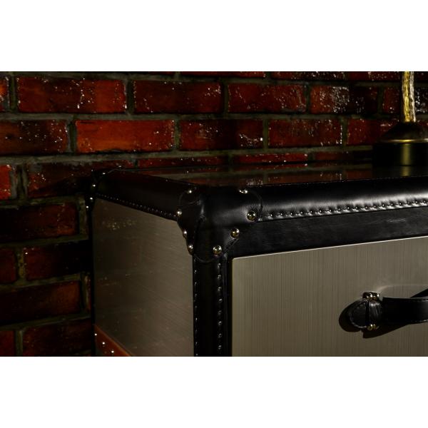 Mirror Steel Vintage Leather Steamer Trunk 5 Drawers Black Genuine Leather Handle Wooden Bar