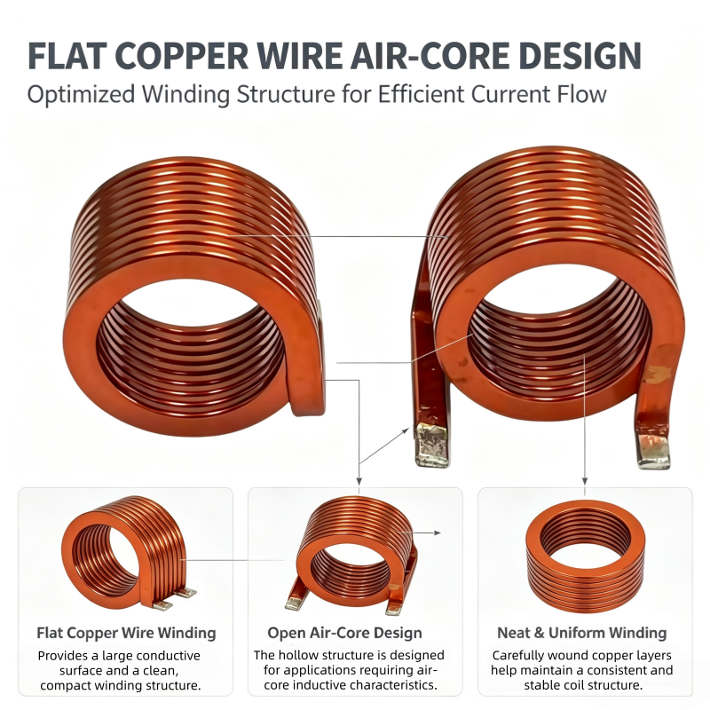 High Current High Power Air Core Inductor with Flat Copper Wire Coil and Customized Parameters