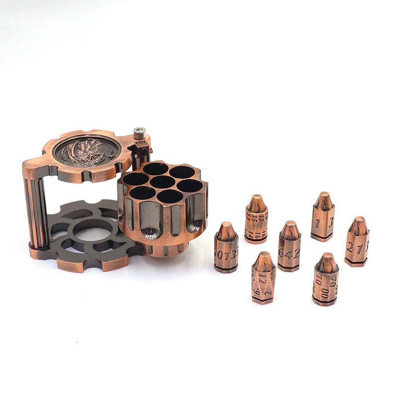 Rotatable Revolver Cylinder Metal Polyhedral Dice Set with Antique Copper Zinc Alloy and Bullet-Shaped RPG Game Dice