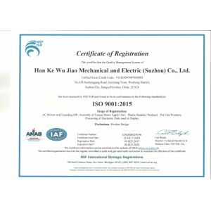 HAN KE WU JIAO MECHANIGAL AND ELERTRIC (SUZHOU) CO.,LTD. Сертификации