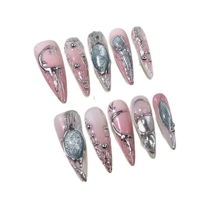 Reusable Nail Art Handmade Press On Nails Long Stiletto Pink Silver Liquid Metal