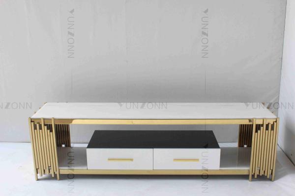 Living Room White And Gold Tv Console Table Marble Top Stainless Steel With Drawers