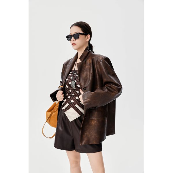 Autumn Style Tie Dye PU Leather Jacket , Dark Brown High Waisted Leather Shorts