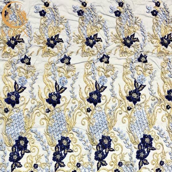 ODM Blue 3D Embroidery Applique Lace Fabric For Fashion Show Dresses