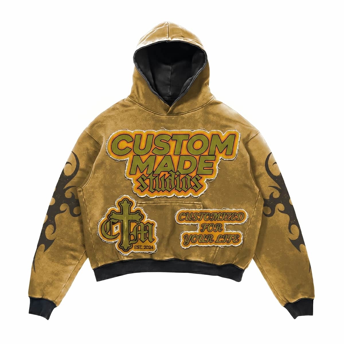 Custom Oversized Distressed Raw Edge Applique Vintage Wash Hoodies For Men