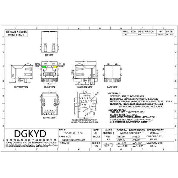 (2.5G) pcb соединителя порта DGKYD211Q340FD2A4D2 верхний модульный поднимает сетевой интерфейс домкратом защищаемый RJ45