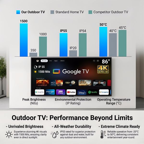 Waterproof Outdoor TV with Google TV 1500-3000nits Sunlight Readable Screen