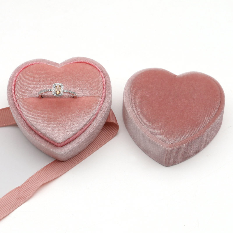 Hinge Closure Jewelry Box Packaging With Ribbon Pink Heart Velvet For Wedding Ring