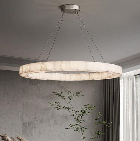 Custom European Modern Unique Circle Ring Lighting White Natural Led Alabaster Chandelier For Living Room Dining Room