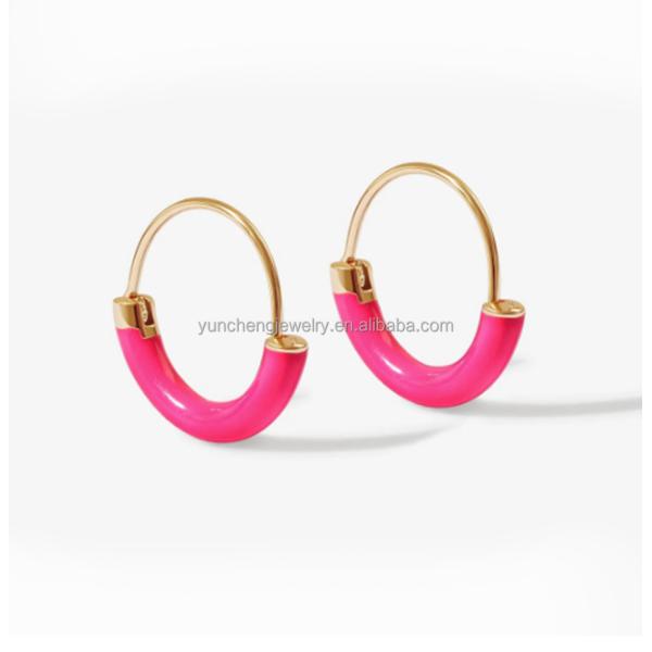 925 Стерлинговые серебряные серьги 18 мм Диа кружки с горячим розовым эмалированным и 18K золотой покрытие