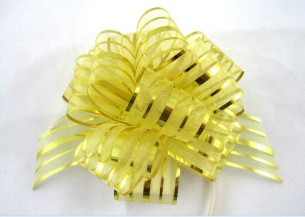 Yellow Blue Pink Pom Pom Pull Bow , Organza Striped Ribbons with Long Tulle Tails