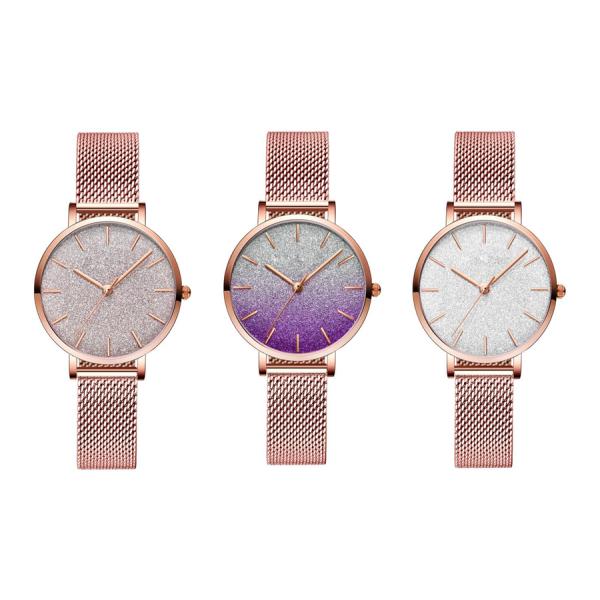 Giltter Dial Ladies Alloy Quartz Watch Stainless Steel Mesh Band Waterproof