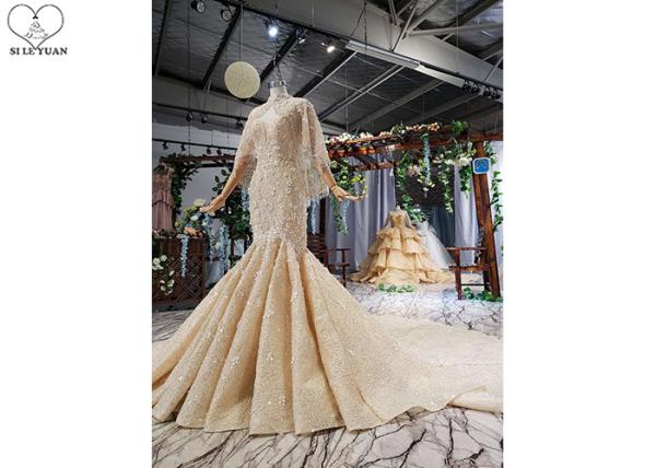 Sling Gold Tailor Made Prom Dresses Deep V Neck Lace Fishtail Beaded Shawl