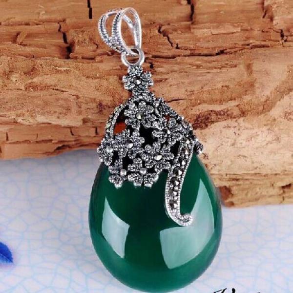 Thai 925 Silver Pendant Necklace Green Agate and Marcasite(JX467GREEN)