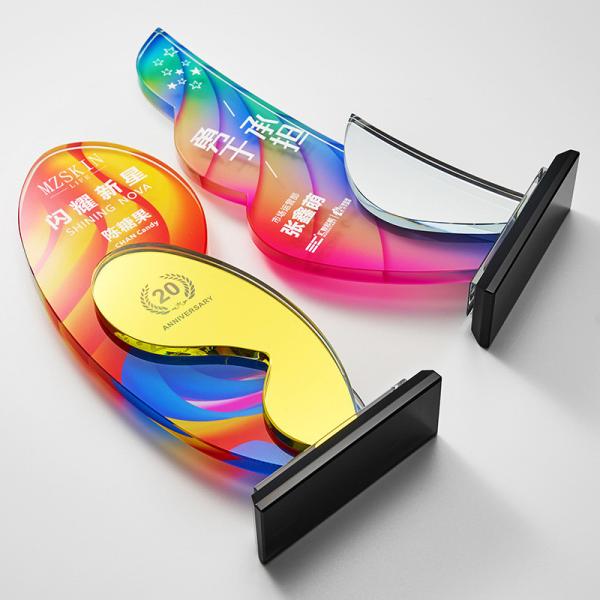 Custom   Shape Colorful  Acrylic Award Trophy  PMMA Plaque with UV printing and Engraving  For   Business Recognition or  Anniversary Celebration