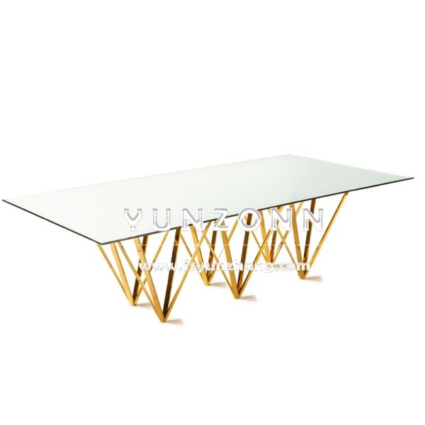 Wedding Furniture Decor Clear Glss Top Gold Rectangular Elegant Dining Table Centerpieces for Dining Room