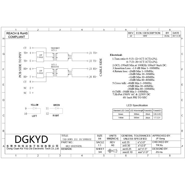 RJ45 crystal head connector female socket with light and shielding shell KRJ-101EYGENL