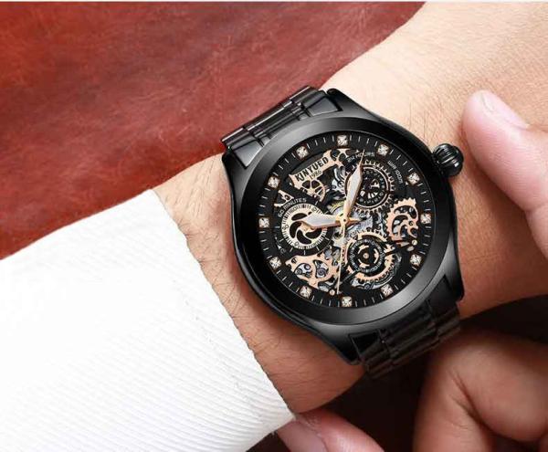 KINYUED J062 oem waterproof custom logo leather fashion tourbillon skeleton wrist watch luxury mechanical watch men wris
