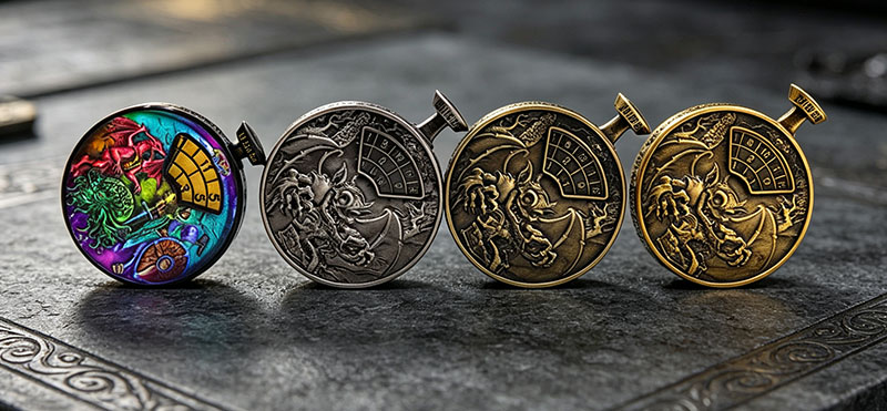 Premium Antique Copper Metal Dice Spinner with 7-in-1 Dual Sided Design and Press-to-Spin Mechanism for TRPG Gaming