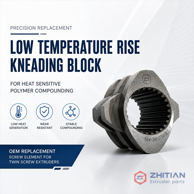 Low Temperature Rise Kneading Block for Heat Sensitive Polymer Compounding with Reduced Shear Heating