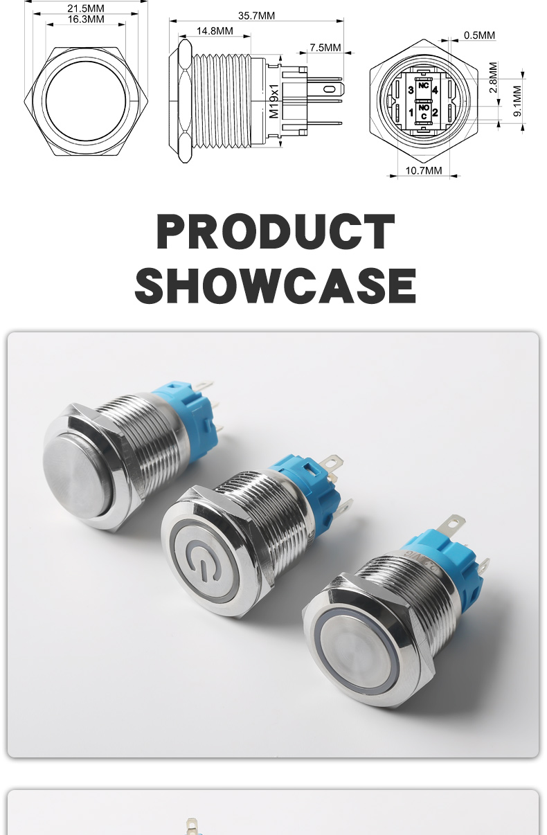 19mm Waterproof Metal Push Button Switch 1NO1NC Flat Head Ring-LED Momentary Switch IP65 Level 220v Max. Voltage