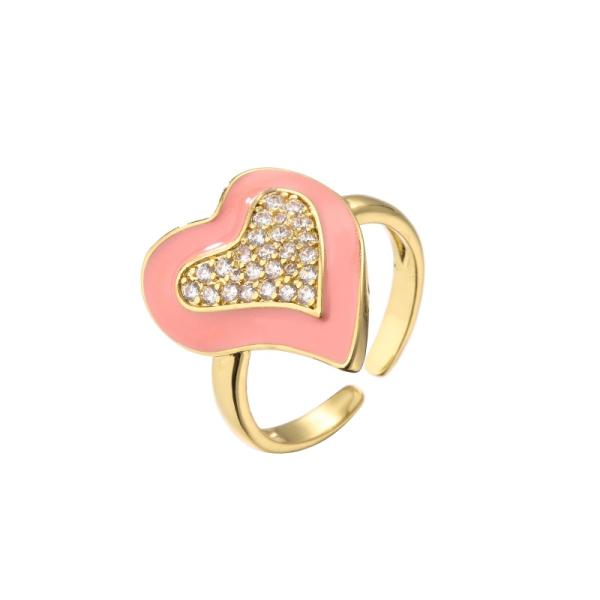Women 18K Diamond Ring Pink Rhinestone Enamel Heart Ring OEM