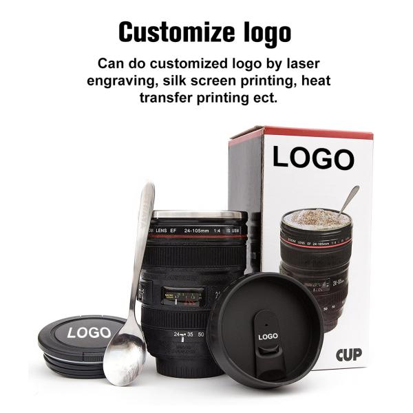 Creative Double Wall Stainless Steel 400ml Camera Lens Shape Coffee Mug Travel Bottle