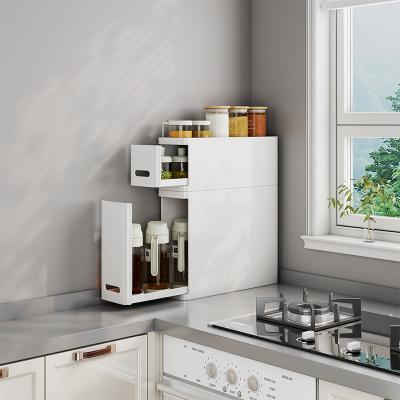 NEW Foldable Standing Metal Corner Countertop White Doublelayer Pull Out Drawer Spice Box Kitchen Storage Cabinet Organizer Rack