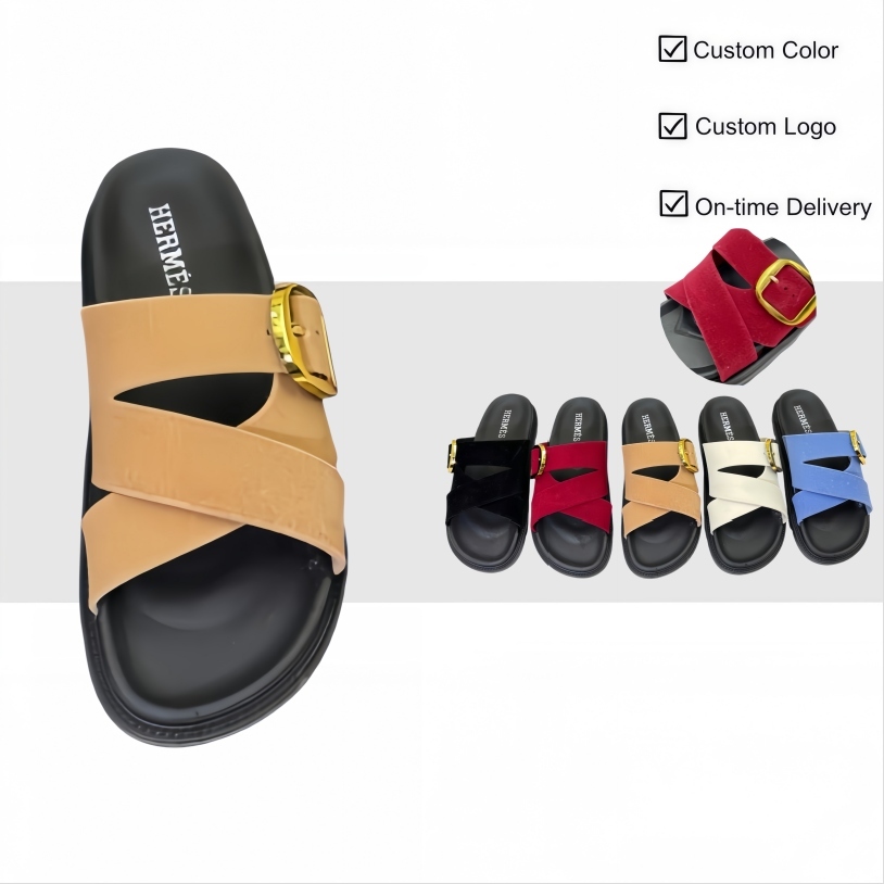 Flocked Cross-Band Slides with Fixed Gold Buckles and PVC Sole | Factory Wholesale