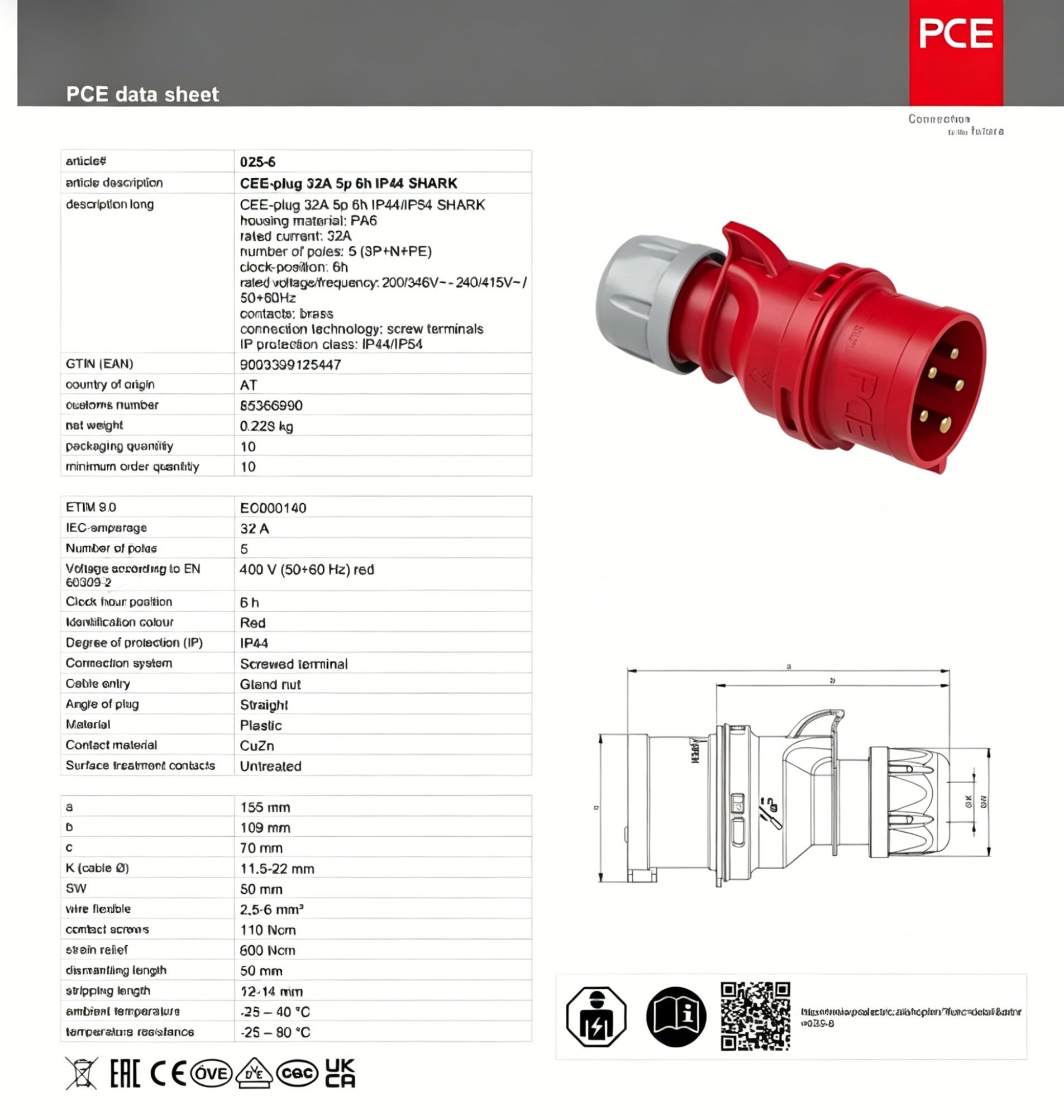 Original Brand New PCE Industrial IP44 Plastic Waterproof Explosion-Proof Plug Socket 380V 32A for Industrial Workshop