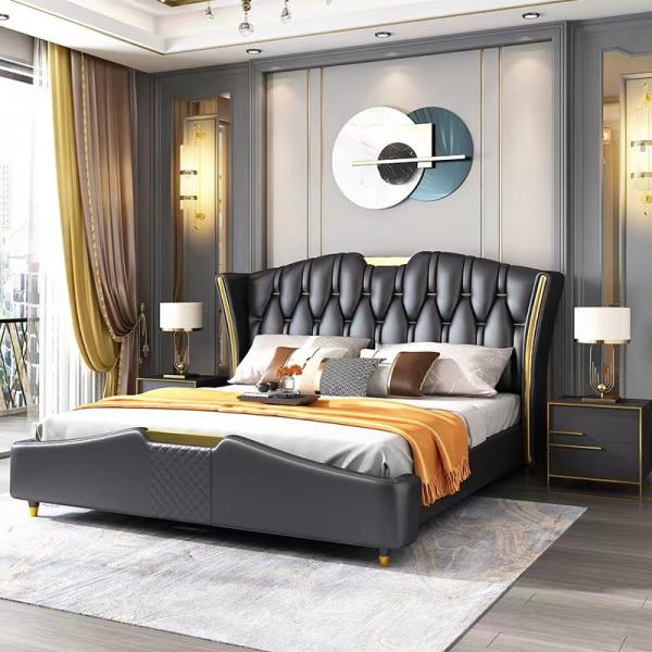 Customized King Size Bedroom Furniture Leather Solid Wood Bed