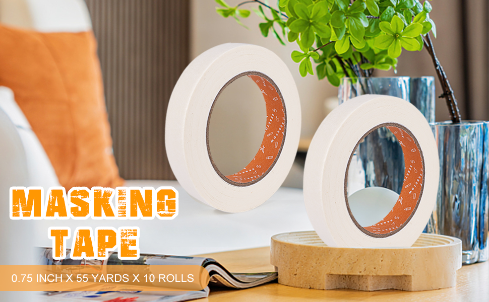 10-Packs 0.75 Inch General Purpose Masking Tape 3/4 Inch X 55 Yards Crepe Paper Acrylic Adhesive for Craft Art Office School Use