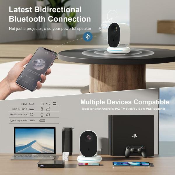 C1 White Cordless Mini Projector 20000mAh Lithium Battery Smart Android Projector