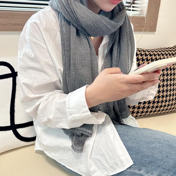 Y-Z Luxury Shawl Scarf Women Korean Lace Embroidery Plain Color Cotton and Linen Scarf Sunscreen Scarves