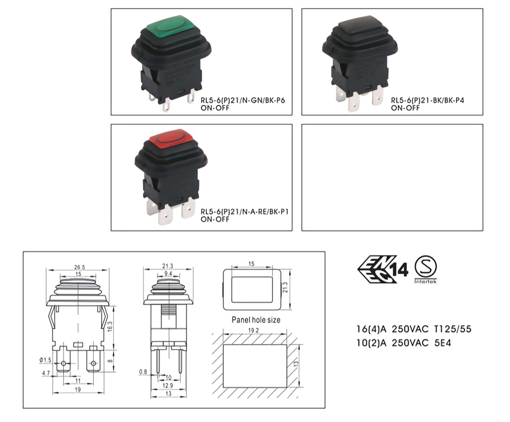 Domestic Push Button Switches Plastic Switch Red Grey 16A