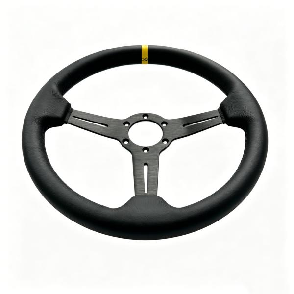 DELUXON 350mm Dia Racing Steering Wheel With 35mm Dish , Black Microfiber Leather , 5 MM 6061 Aluminum Alloy Black Spoke