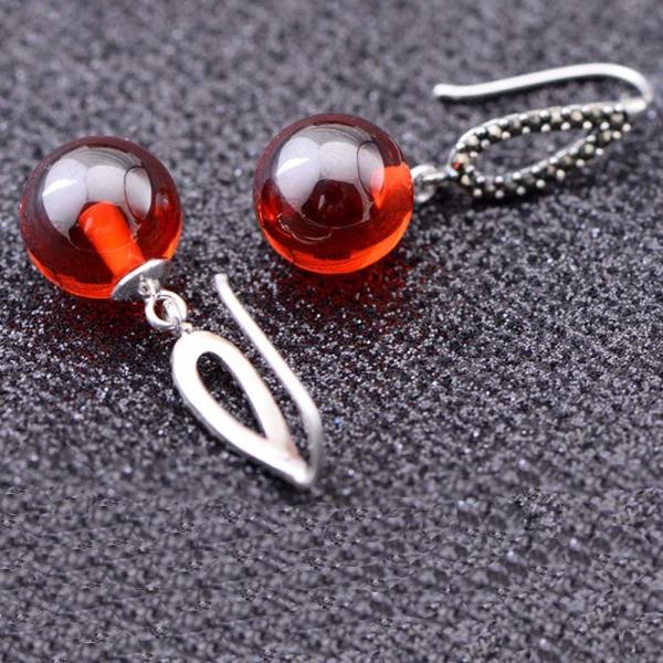 Thai Sterling Silver Marcasite Retro Earrings Synthetic Garnet Bead Drop Earring(053142)